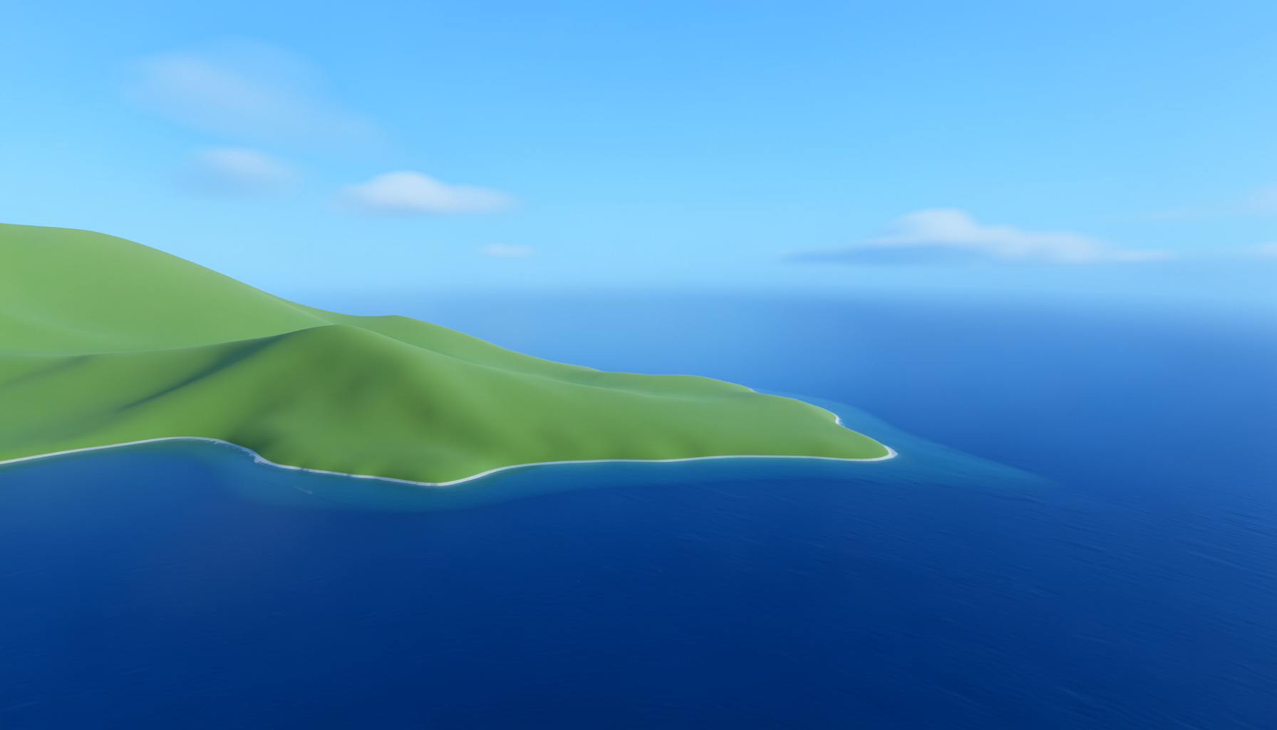 A scenic coastal landscape with rolling green hills meeting the ocean under a bright blue sky, peaceful natural mood