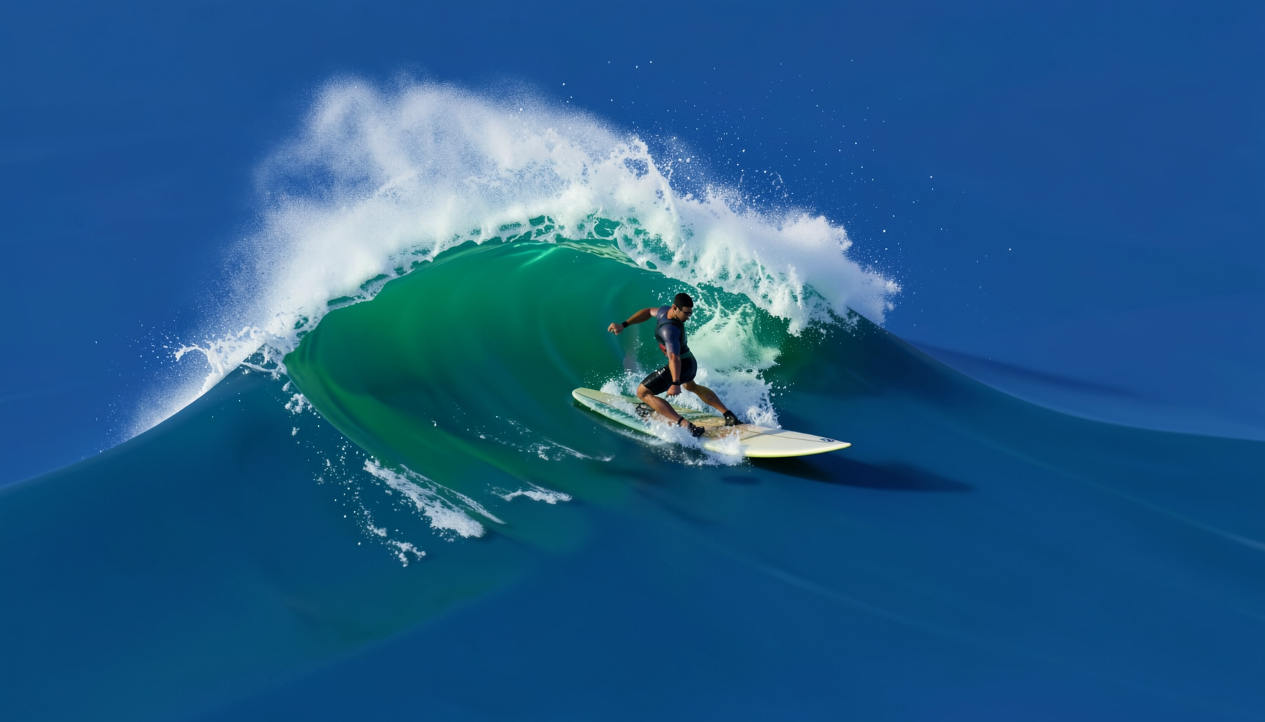 A surfer riding a green wave with ocean spray, energetic coastal mood