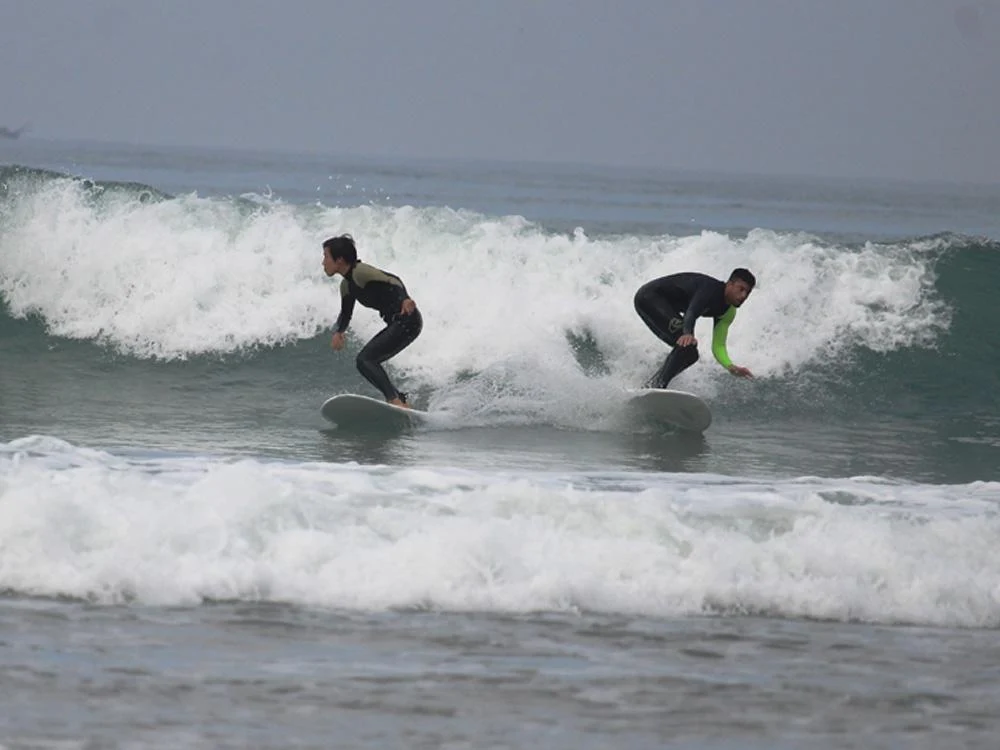 Two surfers riding a breaking wave together in grayish ocean water; energetic coastal mood.